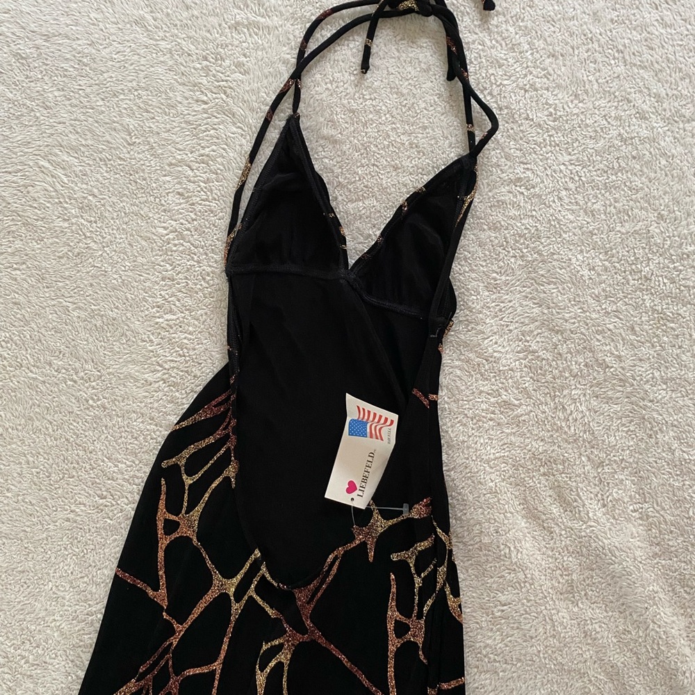 Black Sexy Halter Dress with Metallic Rose Gold Web Detail